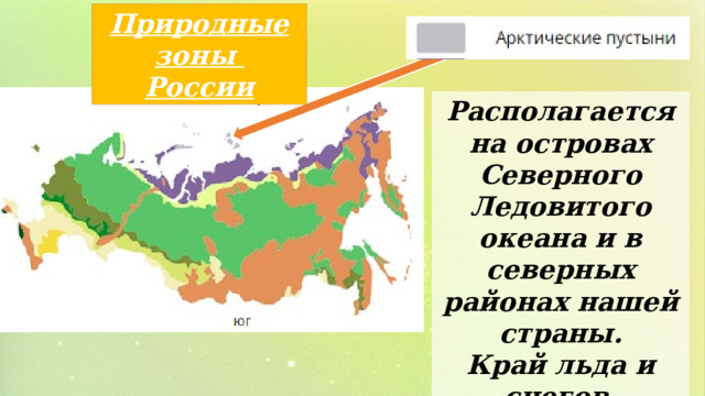 Природные зоны России Располагается на островах Северного Ледовитого океана и в северных районах нашей страны. Край льда и снегов. 