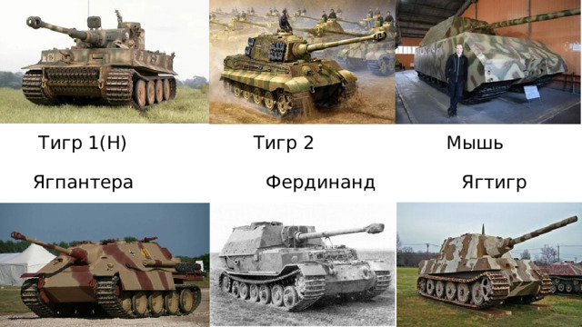       Тигр 1(H)                      Тигр 2                       Мышь        Ягпантера                       Фердинанд               Ягтигр 