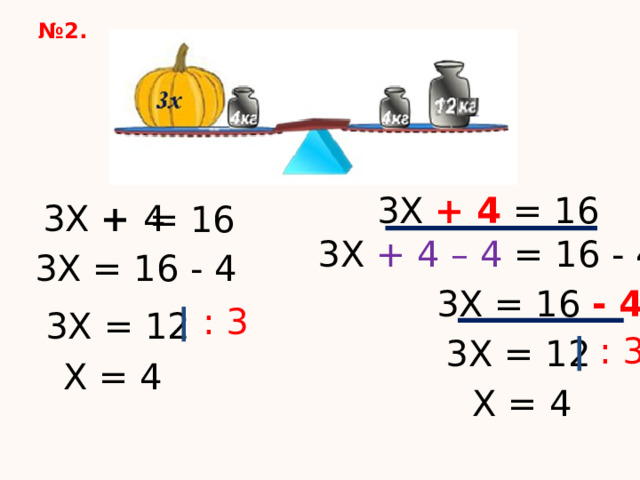 № 2. 3Х + 4 = 16 3Х + 4 = 16 3Х + 4 – 4 = 16 - 4 3Х = 16 - 4 3Х = 16 - 4 ∣  : 3 3Х = 12 ∣  : 3 3Х = 12 Х = 4 Х = 4 