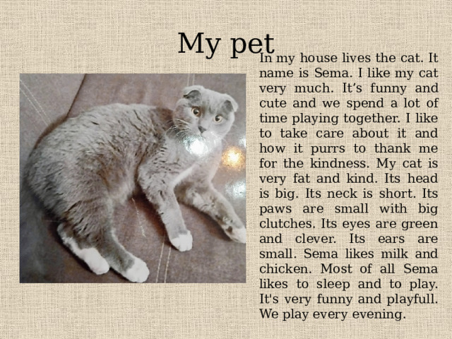 My pet In my house lives the cat. It name is Sema. I like my cat very much. It ’ s funny and cute and we spend a lot of time playing together. I like to take care about it and how it purrs to thank me for the kindness. My cat is very fat and kind. Its head is big. Its neck is short. Its paws are small with big clutches. Its eyes are green and clever. Its ears are small. Sema likes milk and chicken. Most of all Sema likes to sleep and to play. It's very funny and playfull. We play every evening. 