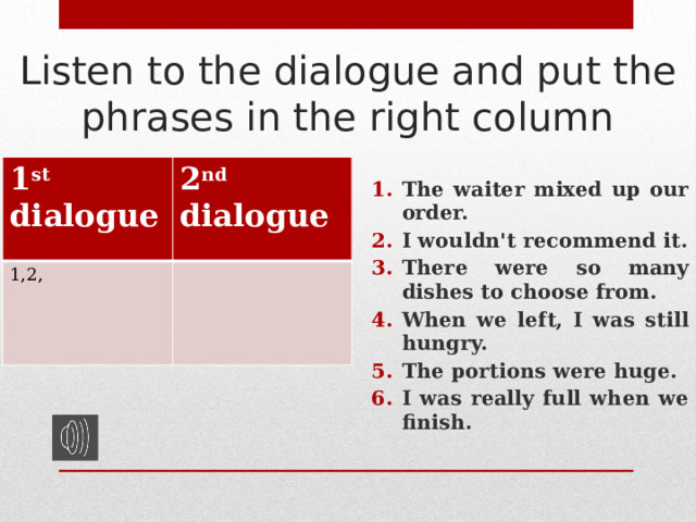 Listen to the dialogue and put the phrases in the right column 1 st dialogue 2 nd dialogue 1,2, The waiter mixed up our order. I wouldn't recommend it. There were so many dishes to choose from. When we left, I was still hungry. The portions were huge. I was really full when we finish.  