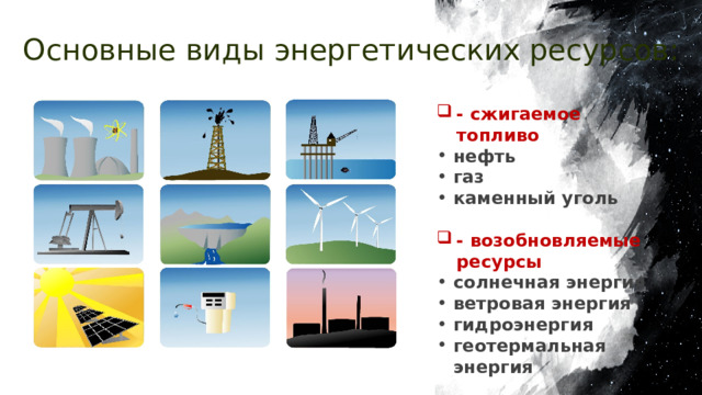 Основные виды энергетических ресурсов: - сжигаемое топливо нефть газ каменный уголь  - возобновляемые ресурсы солнечная энергия ветровая энергия гидроэнергия геотермальная энергия  - ядерная энергия 