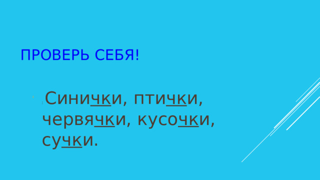 Проверь себя! : Сини чк и, пти чк и, червя чк и, кусо чк и, су чк и. 