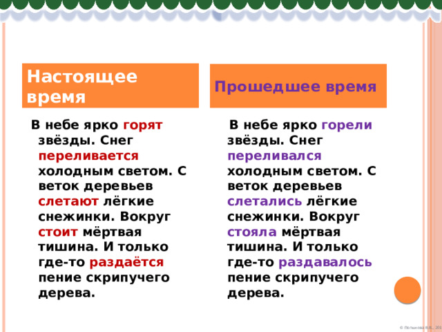 Настоящее время Прошедшее время  В небе ярко горят звёзды. Снег переливается холодным светом. С веток деревьев слетают лёгкие снежинки. Вокруг стоит мёртвая тишина. И только где-то раздаётся пение скрипучего дерева.  В небе ярко горели звёзды. Снег переливался холодным светом. С веток деревьев слетались лёгкие снежинки. Вокруг стояла мёртвая тишина. И только где-то раздавалось пение скрипучего дерева. 
