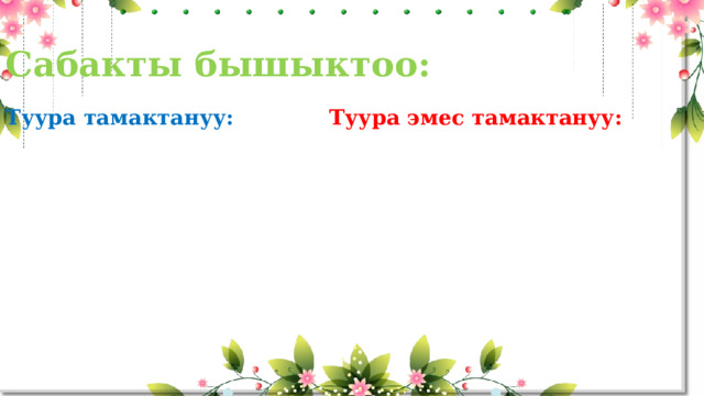  Сабакты бышыктоо:   Туура тамактануу:  Туура эмес тамактануу:    