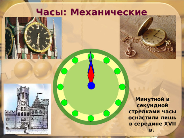 Часы: Механические Минутной и секундной стрелками часы оснастили лишь в середине XVII в. 