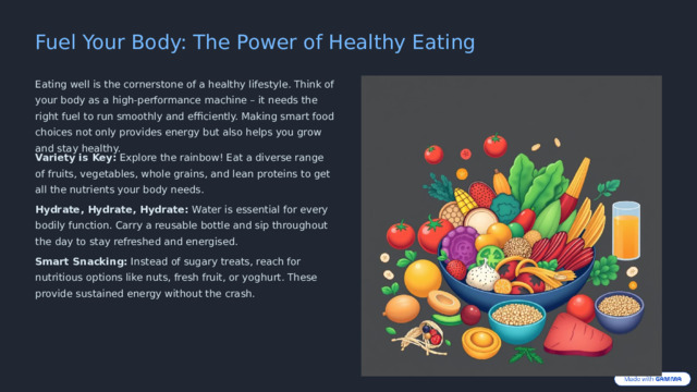Fuel Your Body: The Power of Healthy Eating Eating well is the cornerstone of a healthy lifestyle. Think of your body as a high-performance machine – it needs the right fuel to run smoothly and efficiently. Making smart food choices not only provides energy but also helps you grow and stay healthy. Variety is Key: Explore the rainbow! Eat a diverse range of fruits, vegetables, whole grains, and lean proteins to get all the nutrients your body needs. Hydrate, Hydrate, Hydrate: Water is essential for every bodily function. Carry a reusable bottle and sip throughout the day to stay refreshed and energised. Smart Snacking: Instead of sugary treats, reach for nutritious options like nuts, fresh fruit, or yoghurt. These provide sustained energy without the crash.  