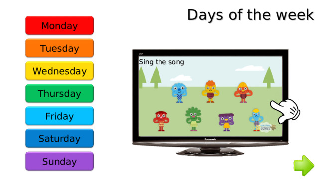 Days of the week Monday Tuesday Sing the song Wednesday Thursday Friday Saturday Sunday 