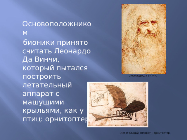  Основоположником  бионики принято считать Леонардо Да Винчи, который пытался построить летательный аппарат с машущими крыльями, как у птиц: орнитоптер. Леонардо Да Винчи. Летательный аппарат – орнитоптер. 