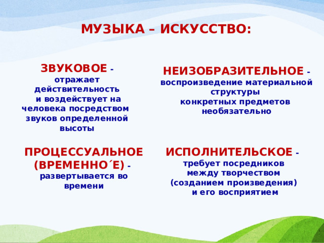 МУЗЫКА – ИСКУССТВО: ЗВУКОВОЕ - отражает действительность  и воздействует на человека посредством звуков определенной высоты НЕИЗОБРАЗИТЕЛЬНОЕ - воспроизведение материальной структуры конкретных предметов необязательно ПРОЦЕССУАЛЬНОЕ (ВРЕМЕННО΄Е) - ИСПОЛНИТЕЛЬСКОЕ - развертывается во времени требует посредников  между творчеством (созданием произведения)  и его восприятием 