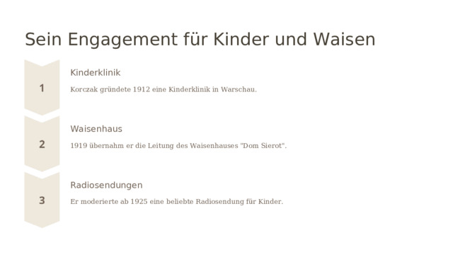 Sein Engagement für Kinder und Waisen Kinderklinik Korczak gründete 1912 eine Kinderklinik in Warschau. Waisenhaus 1919 übernahm er die Leitung des Waisenhauses 