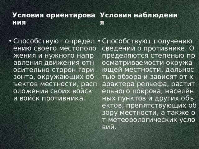 Способствуют определению своего местоположения и нужного направления движения относительно сторон горизонта, окружающих объектов местности, расположения своих войск и войск противника. Условия ориентирования Условия наблюдения Способствуют получению сведений о противнике. Определяются степенью просматриваемости окружающей местности, дальностью обзора и зависят от характера рельефа, растительного покрова, населённых пунктов и других объектов, препятствующих обзору местности, а также от метеорологических условий. 