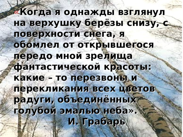« Когда я однажды взглянул на верхушку берёзы снизу, с поверхности снега, я обомлел от открывшегося передо мной зрелища фантастической красоты: какие – то перезвоны и перекликания всех цветов радуги, объединённых голубой эмалью неба».  И. Грабарь 