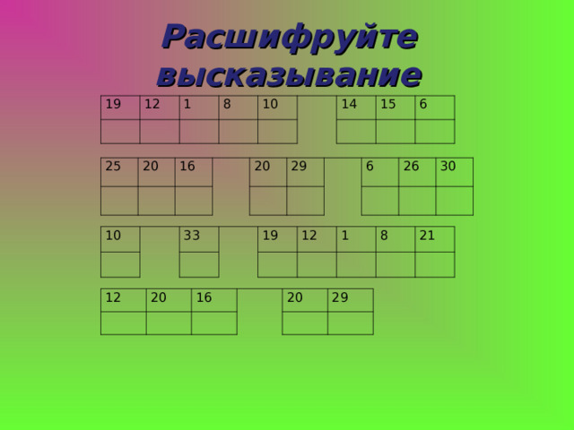 Расшифруйте высказывание 19 12   1   8     10     14 15   6     25 20     16     20   29     6   26 30     10     33     19   12 1     8   21   12   20 16       20   29   