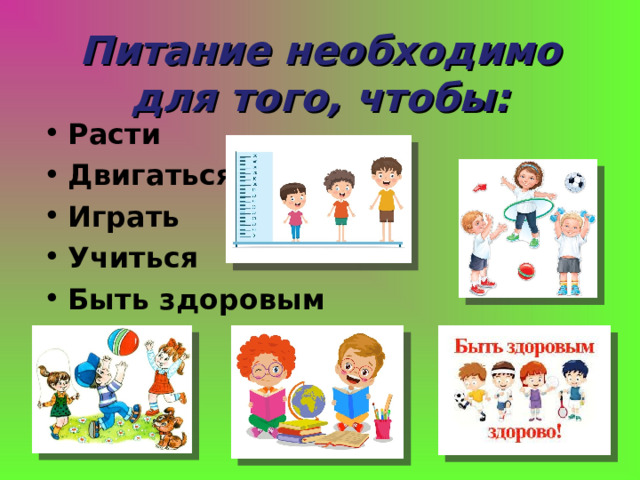 Питание необходимо для того, чтобы:   Расти Двигаться Играть Учиться Быть здоровым  