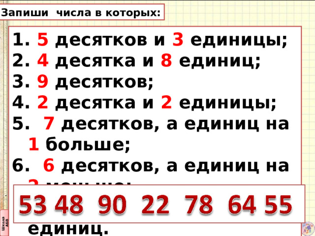 Запиши числа в которых:  5 десятков и 3 единицы;  4 десятка и 8 единиц;  9 десятков;  2 десятка и 2 единицы; 5. 7 десятков, а единиц на 1 больше; 6. 6 десятков, а единиц на 2 меньше; 7. 5 десятков и столько же единиц. 