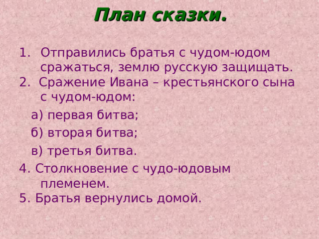 План сказки. Отправились братья с чудом-юдом сражаться, землю русскую защищать. 2. Сражение Ивана – крестьянского сына с чудом-юдом:  а) первая битва;  б) вторая битва;  в) третья битва. 4. Столкновение с чудо-юдовым племенем. 5. Братья вернулись домой.    