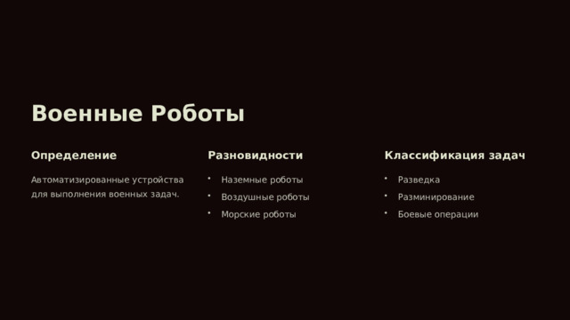 Военные Роботы Определение Разновидности Классификация задач Автоматизированные устройства для выполнения военных задач. Наземные роботы Разведка Воздушные роботы Разминирование Морские роботы Боевые операции 