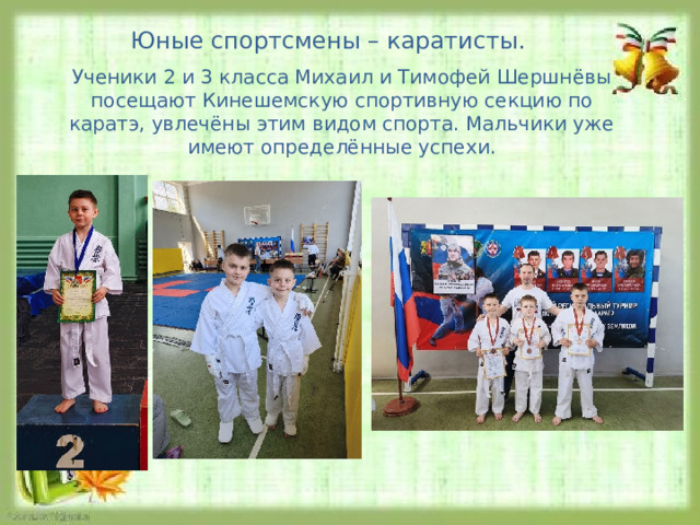 Юные спортсмены – каратисты. Ученики 2 и 3 класса Михаил и Тимофей Шершнёвы посещают Кинешемскую спортивную секцию по каратэ, увлечёны этим видом спорта. Мальчики уже имеют определённые успехи. 