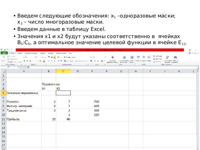 Введем следующие обозначения: х 1 –одноразовые маски; x 2 – число многоразовые маски. Введем данные в таблицу Excel. Значения х1  и x2 будут указаны соответственно в ячейках В 5 :С 5 , а оптимальное значение целевой функции в ячейке Е 11 . 