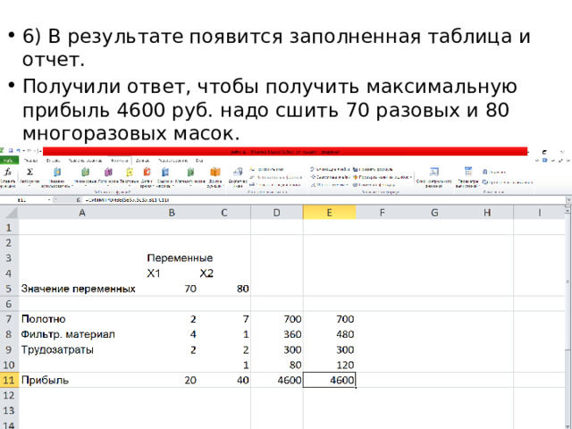 6) В результате появится заполненная таблица и отчет. Получили ответ, чтобы получить максимальную прибыль 4600 руб. надо сшить 70 разовых и 80 многоразовых масок. 