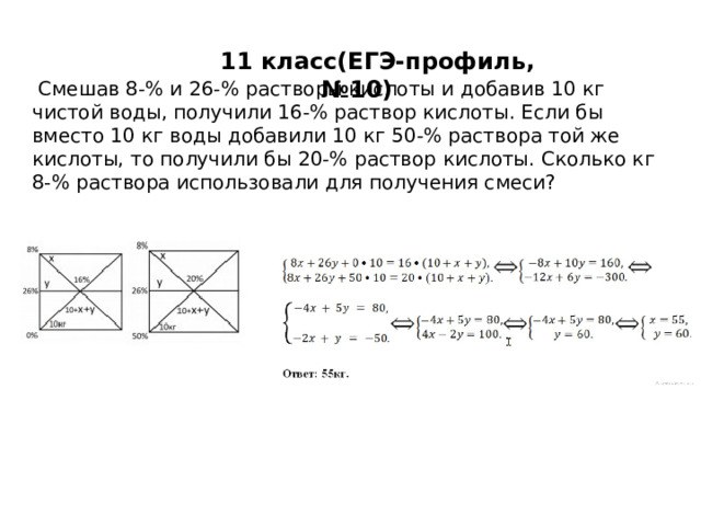  11 класс(ЕГЭ-профиль, №10)    Смешав 8-% и 26-% растворы кислоты и добавив 10 кг чистой воды, получили 16-% раствор кислоты. Если бы вместо 10 кг воды добавили 10 кг 50-% раствора той же кислоты, то получили бы 20-% раствор кислоты. Сколько кг 8-% раствора использовали для получения смеси? 