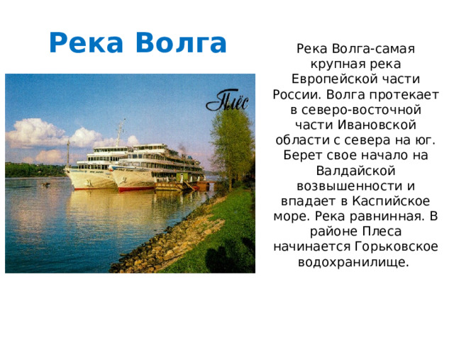 Река Волга Река Волга-самая крупная река Европейской части России. Волга протекает в северо-восточной части Ивановской области с севера на юг. Берет свое начало на Валдайской возвышенности и впадает в Каспийское море. Река равнинная. В районе Плеса начинается Горьковское водохранилище . 
