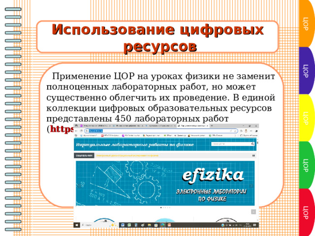 ЦОР Использование цифровых  ресурсов ЦОР  Применение ЦОР на уроках физики не заменит полноценных лабораторных работ, но может существенно облегчить их проведение. В единой коллекции цифровых образовательных ресурсов представлены 450 лабораторных работ ( https://efizika.ru/ ). ЦОР ЦОР ЦОР 
