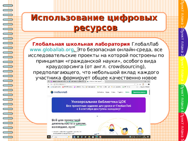 Пункт плана 1 Использование цифровых  ресурсов Пункт плана 2 Глобальная школьная лаборатория ГлобалЛаб  www.globallab.org .  Это безопасная онлайн-среда, все исследовательские проекты на которой построены по принципам «гражданской науки», особого вида краудсорсинга (от англ. crowdsourcing), предполагающего, что небольшой вклад каждого участника формирует общее качественно новое знание. Пункт плана 3 Пункт плана 4 Пункт плана 5 