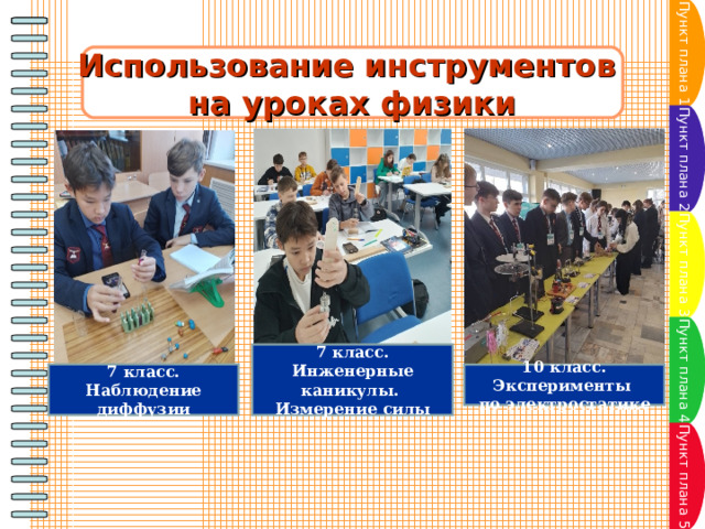Пункт плана 1 Использование инструментов на уроках физики Пункт плана 2 Пункт плана 3 Пункт плана 4 7 класс. Инженерные каникулы. Измерение силы 7 класс. Наблюдение диффузии 10 класс. Эксперименты по электростатике Пункт плана 5 26 