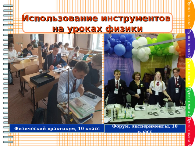 Пункт плана 1 Использование инструментов на уроках физики Пункт плана 2 Пункт плана 3 Пункт плана 4 Пункт плана 5 Физический практикум, 10 класс Форум, эксперименты, 10 класс 27 
