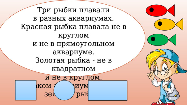 Три рыбки плавали в разных аквариумах. Красная рыбка плавала не в круглом и не в прямоугольном аквариуме. Золотая рыбка - не в квадратном и не в круглом. В каком аквариуме плавала зеленая рыбка? 
