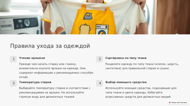  Правила ухода за одеждой Чтение ярлыков Сортировка по типу ткани 1 2 Разделите одежду по типу ткани (хлопок, шерсть, синтетика) для правильной стирки и сушки. Прежде чем начать стирку или глажку, внимательно изучите ярлыки на одежде. Они содержат информацию о рекомендуемых способах ухода. Температура стирки Выбор моющего средства 3 4 Выбирайте температуру стирки в соответствии с рекомендациями на ярлыке. Не используйте горячую воду для деликатных тканей. Используйте моющие средства, подходящие для типа ткани и цвета одежды. Избегайте агрессивных средств для деликатных вещей. 