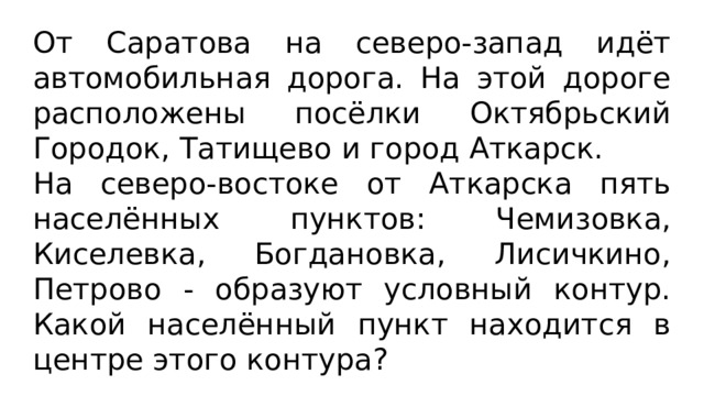 От Саратова на северо-запад идёт автомобильная дорога. На этой дороге расположены посёлки Октябрьский Городок, Татищево и город Аткарск. На северо-востоке от Аткарска пять населённых пунктов: Чемизовка, Киселевка, Богдановка, Лисичкино, Петрово - образуют условный контур. Какой населённый пункт находится в центре этого контура? 