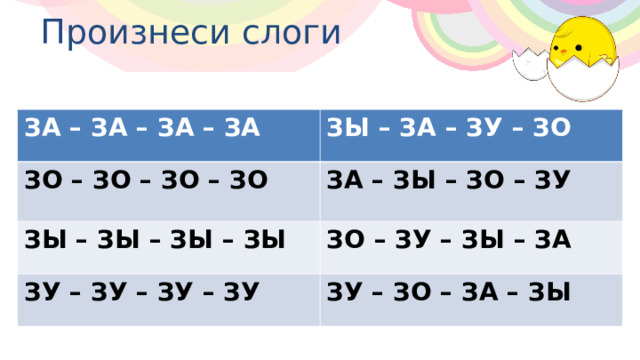 Произнеси слоги ЗА – ЗА – ЗА – ЗА ЗА – ЗА – ЗА – ЗА ЗЫ – ЗА – ЗУ – ЗО ЗО – ЗО – ЗО – ЗО ЗО – ЗО – ЗО – ЗО ЗА – ЗЫ – ЗО – ЗУ ЗЫ – ЗЫ – ЗЫ – ЗЫ ЗЫ – ЗЫ – ЗЫ – ЗЫ ЗО – ЗУ – ЗЫ – ЗА ЗУ – ЗУ – ЗУ – ЗУ ЗУ – ЗУ – ЗУ – ЗУ ЗУ – ЗО – ЗА – ЗЫ . . 