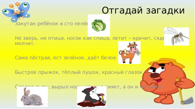 Отгадай загадки Закутан ребёнок в сто пелёнок. Не зверь, не птица, носок как спица, летит – кричит, сядет – молчит. Сама пёстрая, ест зелёное, даёт белое. Быстрое прыжок, тёплый пушок, красный глазок. Сделал дыру, вырыл нору, солнце сияет, а он и не знает. 