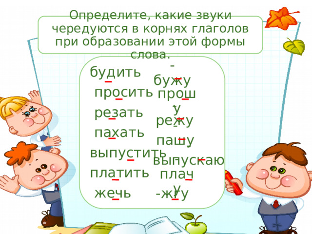  2. Образуй форму 1-го лица единственного числа от данных глаголов . Определите, какие звуки чередуются в корнях глаголов при образовании этой формы слова. будить  просить  резать  пахать выпустить платить  жечь -бужу -прошу -режу -пашу -выпускаю -плачу -жгу 