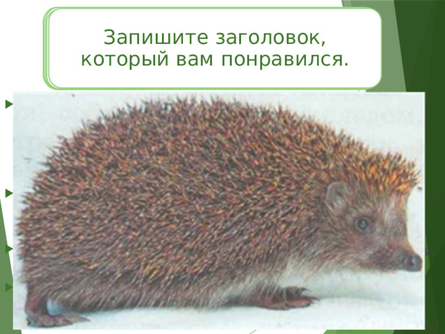 Какова главная мысль рассказа? Ежик – дикое животное. Он убежал в лес, к себе домой. Запишите заголовок, который вам понравился. Какова тема текста? О еже и детях. Как можно озаглавить рассказ? 1. Прочитайте рассказ. Ходили ребята по лесу, нашли под кустом ежа. Он там со страху шариком свернулся. Попробуй-ка возьми его руками — везде иголки торчат. Закатали ежа в шапку и домой принесли. Положили на пол, поставили молочка в блюдечке. А ёж лежит шариком и не шевелится. Вот он час лежал и ещё целый час. Потом вылез из колючек чёрный ежиный носик и задвигался. Чем это вкусным пахнет! Развернулся ёж, увидел молоко и стал его есть. Поел и снова шариком свернулся. А потом ребята другим делом занялись, увлеклись, зазевались — ёжик и удрал к себе обратно в лес. (По Е. Чарушину) 