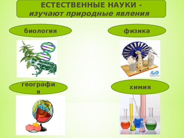 ЕСТЕСТВЕННЫЕ НАУКИ - изучают природные явления биология физика химия география 