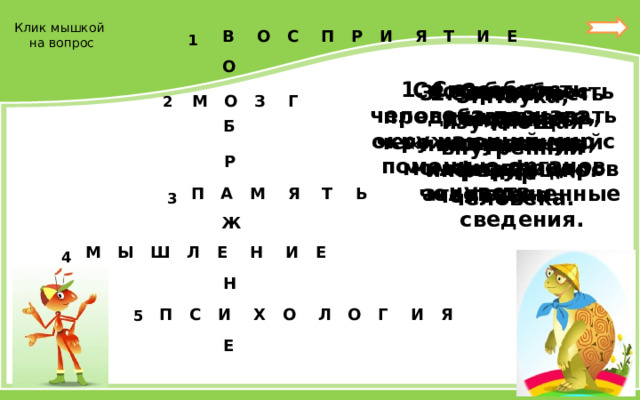 Клик мышкой на вопрос  В О С П Р И Я Т И Е 1 О 1. Способность человека познавать окружающий мир с помощью органов чувств. Способность представлять то, чего нет в данный момент перед человеком. 4. Способность обдумывать, сравнивать, классифицировать полученные сведения. 3. Способность сохранять полученную информацию. 2. Орган, в котором «помещается» разум человека. 5. Наука, изучающая внутренний мир человека.  М О З Г 2 Б Р  П А М Я Т Ь 3 Ж  М Ы Ш Л Е Н И Е 4 Н  П С И Х О Л О Г И Я 5 Е 