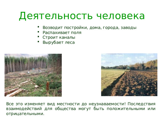 Деятельность человека Возводит постройки, дома, города, заводы Распахивает поля Строит каналы Вырубает леса Все это изменяет вид местности до неузнаваемости! Последствия взаимодействий для общества могут быть положительными или отрицательными. 