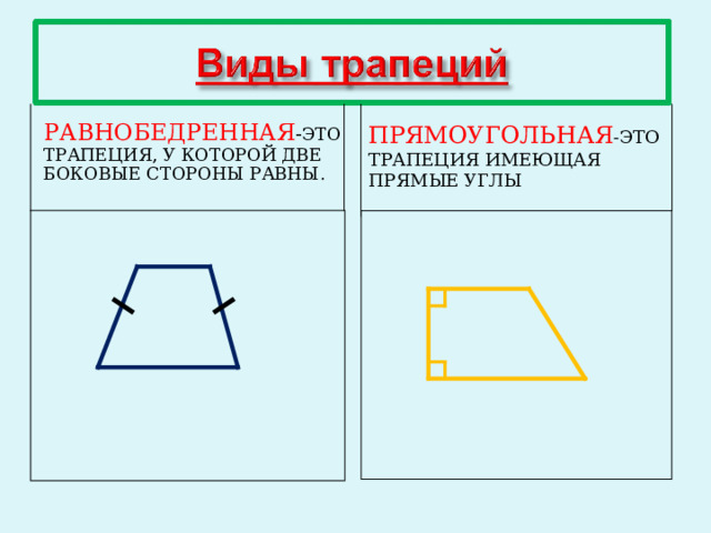 РАВНОБЕДРЕННАЯ - ЭТО ТРАПЕЦИЯ, У КОТОРОЙ ДВЕ БОКОВЫЕ СТОРОНЫ РАВНЫ. ПРЯМОУГОЛЬНАЯ -ЭТО ТРАПЕЦИЯ ИМЕЮЩАЯ ПРЯМЫЕ УГЛЫ 