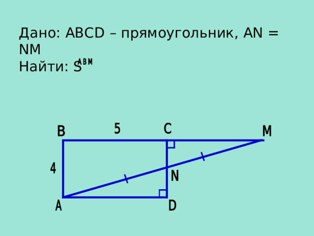 Дано: ABCD – прямоугольник, AN  =  NM  Найти: S 