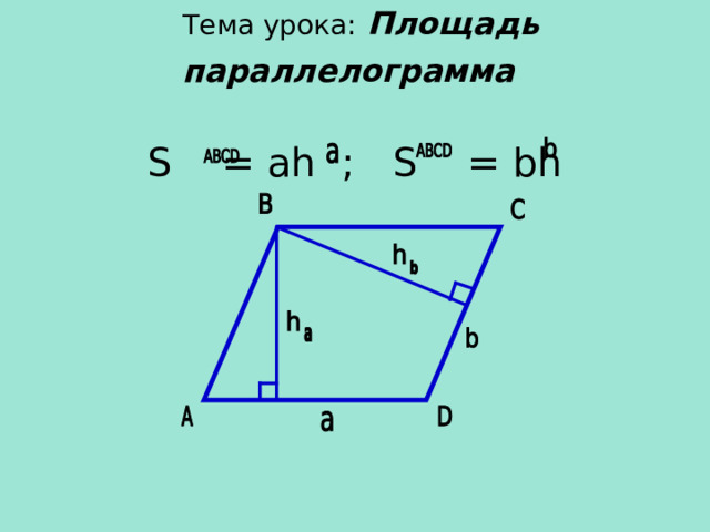   Тема урока:  Площадь параллелограмма    S = ah ; S = bh 