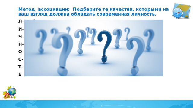 Метод ассоциации: Подберите те качества, которыми на ваш взгляд должна обладать современная личность. Л - любознательность И - интерес Ч - честность Н - независимость О - опыт, оптимизм С - самостоятельность Т - творчество Ь 