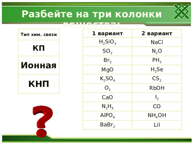 Разбейте на три колонки вещества: Тип хим. связи КП 1 вариант Ионная 2 вариант H 2 SiO 3 КНП NaCl SO 2 N 2 O Br 2 PH 3 MgO K 2 SO 4 H 2 Se CS 2 O 3 RbOH CaO I 2 N 2 H 4 CO AlPO 4 NH 4 OH BaBr 2 LiI  
