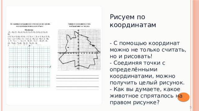 Рисуем по координатам - С помощью координат можно не только считать, но и рисовать! - Соединяя точки с определёнными координатами, можно получить целый рисунок. - Как вы думаете, какое животное спряталось на правом рисунке?  