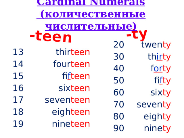 - teen -ty Cardinal Numerals  (количественные числительные) 13 thir teen 14 15 four teen fi f teen 16 six teen 17 seven teen 18 eigh teen 19 nine teen 20 twen ty 30 th ir ty 40 50 f or ty fi f ty 60 six ty 70 seven ty 80 eigh ty 90 nine ty 