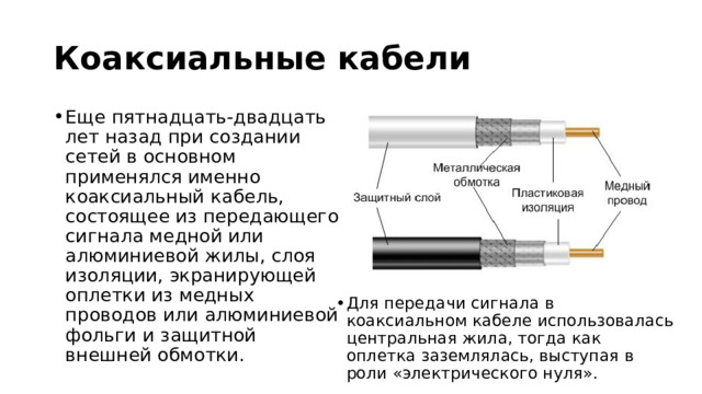 Коаксиальные кабели Еще пятнадцать-двадцать лет назад при создании сетей в основном применялся именно коаксиальный кабель, состоящее из передающего сигнала медной или алюминиевой жилы, слоя изоляции, экранирующей оплетки из медных проводов или алюминиевой фольги и защитной внешней обмотки. Для передачи сигнала в коаксиальном кабеле использовалась центральная жила, тогда как оплетка заземлялась, выступая в роли «электрического нуля». 