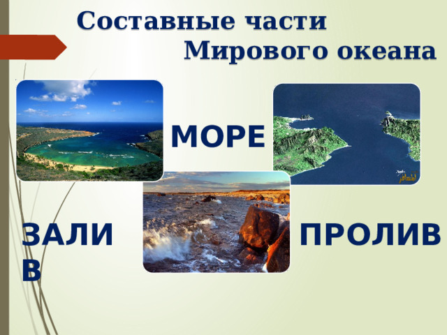 Составные части Мирового океана МОРЕ ЗАЛИВ ПРОЛИВ 